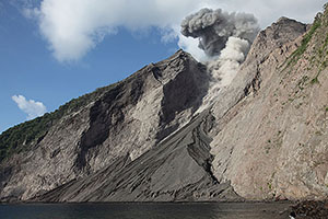 Wide-angle view of eruption, Batu Tara volcano, Indonesia