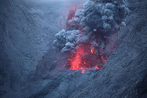 Glowing volcanic bombs, Batu Tara volcano