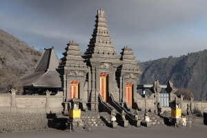 Pura Luhur Poten Temple, Tengger Caldera, Ash cloud from Mount Bromo Eruption