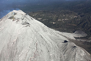 View of summit and lava flow deposit from above, Fuego de Colima volcano, Mexico