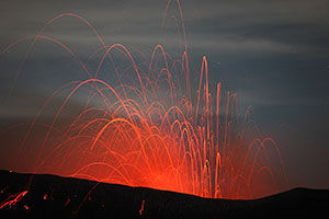 Dukono volcano, Strombolian eruption at night