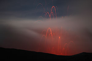 Dukono volcano, Strombolian eruption in mist at night