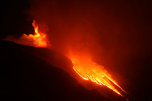 Paroxysmal eruption, Mount Etna Volcano, April 1st 2012. Lava flows.