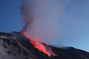 Paroxysmal eruption, Mount Etna Volcano, April 1st 2012. Lava flows in morning light