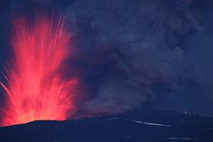 Eyjafjallajökull volcano hot ash eruption at night