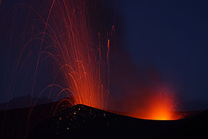 Fogo Volcano Eruption 2014, Strombolian Activity at Night from Upper Vents, Long Exposure