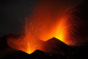 Fogo Volcano Eruption 2014, Dual Crater Strombolian Activity at Night