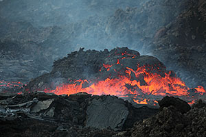 "Lavaberg" entrained in lava flow, Fogo Volcano, 2014 Eruption