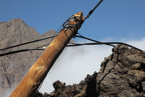 Electricity pole toppled by lava flow, Fogo volcano