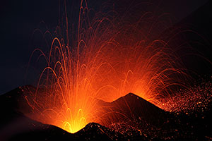 Fogo Volcano Eruption 2014, Strombolian Activity at Night from 2 Vents