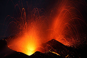Fogo Volcano Eruption 2014, Strombolian Activity at Night from Two Craters
