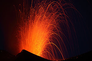 Fogo Volcano Eruption 2014, Strombolian Explosion at Night from Upper Crater