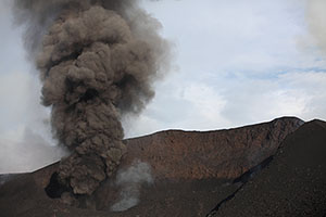 Dark Ash eruption from crater on fissure, Fogo volcano, 2014