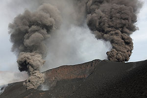 Ash eruptions from 2 vents along fissure. Fogo volcano, 2014