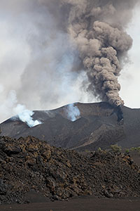 Eruptive fissure with flow deposits in foreground, Fogo Volcano, 2014
