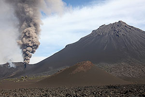 Ash eruptions from volcanic crater at base of Pico de Fogo, 2014
