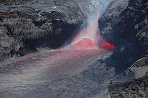 Channelled Lava Flow with small cascade near Effusive Vent, Fogo Volcano 2014