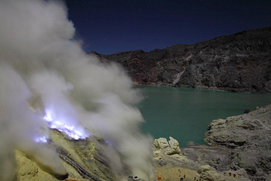 Blue Sulphur Flames, Kawah Ijen Volcano Sulphur Mine, Java, Indonesia