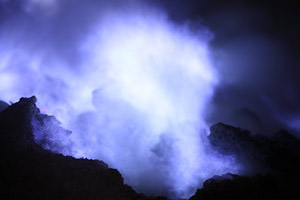 Kawah Ijen volcano, Blue sulfur flames, Sulphur flare