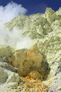 Kawah Ijen volcano, solfatara. Yellow sulfur deposits