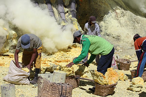 Kawah Ijen volcano, Solfatara, Sulfur Mine, Sulphur, Workers collecting sulfur