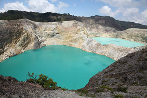 Kelimutu volcano, colourful crater lakes in sunlight, Flores, Indonesia