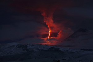 Nighttime view of Eruption of Kliuchevskoi volcano