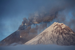 Kliuchevskoi volcano erupting ash and lava flow