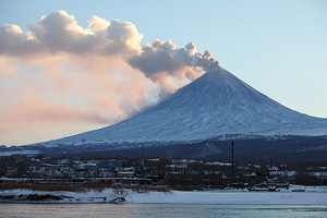 Kliuchevskoi volcano eruption seen from Kliuchi