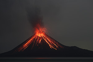 Anak Krakatau erupting at night
