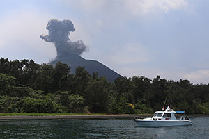 View of erupting Anak Krakatau over East beach
