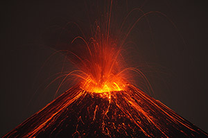Summit of Anak Krakatau during nighttime Strombolian Eruption