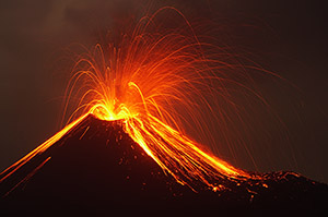 Anak Krakatau ejecting hail of incandescent volcanic bombs at night