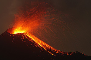 Strombolian Eruption, Anak Krakatau, Glowing bombs flying towards forest