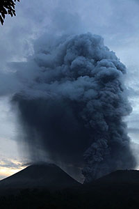 Ash raining from eruption cloud of Lokon-Empung volcano, Kawah Tompaluan crater, 6th December 2012