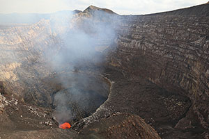 Santiago crater with pit and active lava lake within, Masaya volcano
