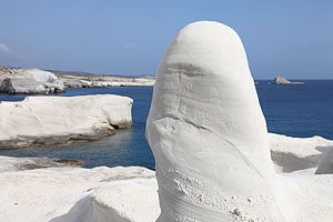 Erosionally sculpted pillar of layered volcaniclastic deposits (tuff) , Sarakiniko, Milos