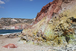 Colourful geothermally altered cliffs of volcaniclastic deposits at Paleochori, Milos