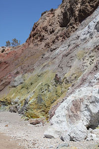 Colourful geothermally altered cliffs at Paliochori, Milos