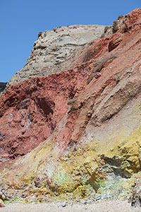 Colourful geothermally altered cliffs of volcaniclastic deposits at Paleochori, Milos. Yellow, red and white deposits.