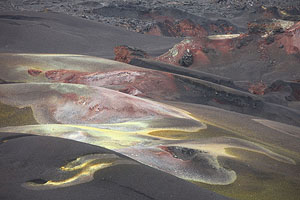Nyamuragira Volcano lapilli fields coloured by sulfurous, ferric deposits