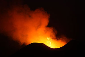 Nyamuragira Volcano parasitic cone erupting at night