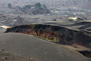 Nyamuragira Volcano possible transiently active eruptive fissure, iron-rich red deposits
