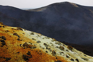 Nyamuragira Volcano primary site of 2011 eruption. Fissures, crater, fumarolic deposits