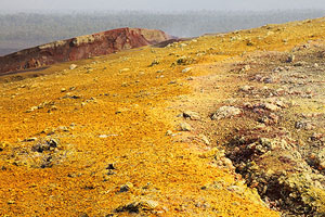 Nyamuragira Volcano primary site of 2011 eruption. Fissures, sulphurous yellow fumarolic deposits, iron-rich red deposits