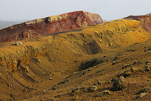 Nyamuragira Volcano primary site of 2011 eruption. Fissures, sulphurous yellow fumarolic deposits