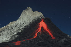 Nighttime natrocarbonatite lava flow from hornito T58B on Oldoinyo Lengai volcano, Tanzania