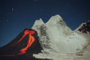 Nighttime natrocarbonatite lava flow from cone T58B on Oldoinyo Lengai volcano, Tanzania