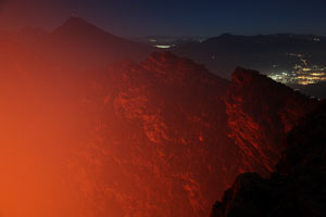 Pacaya Volcano summit crater glowing at night