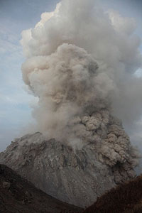 Pyroclastic flow on flank of Rerombola lava dome, Paluweh volcano, Portrait orientation.